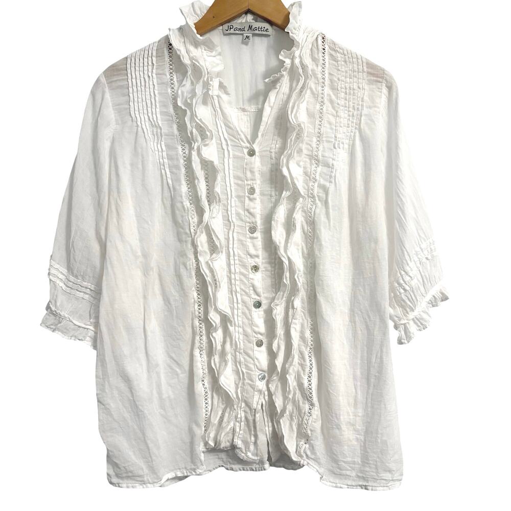 JP and Mattie White Ruffled Victorian Cottagecore White Top Women’s Size Medium